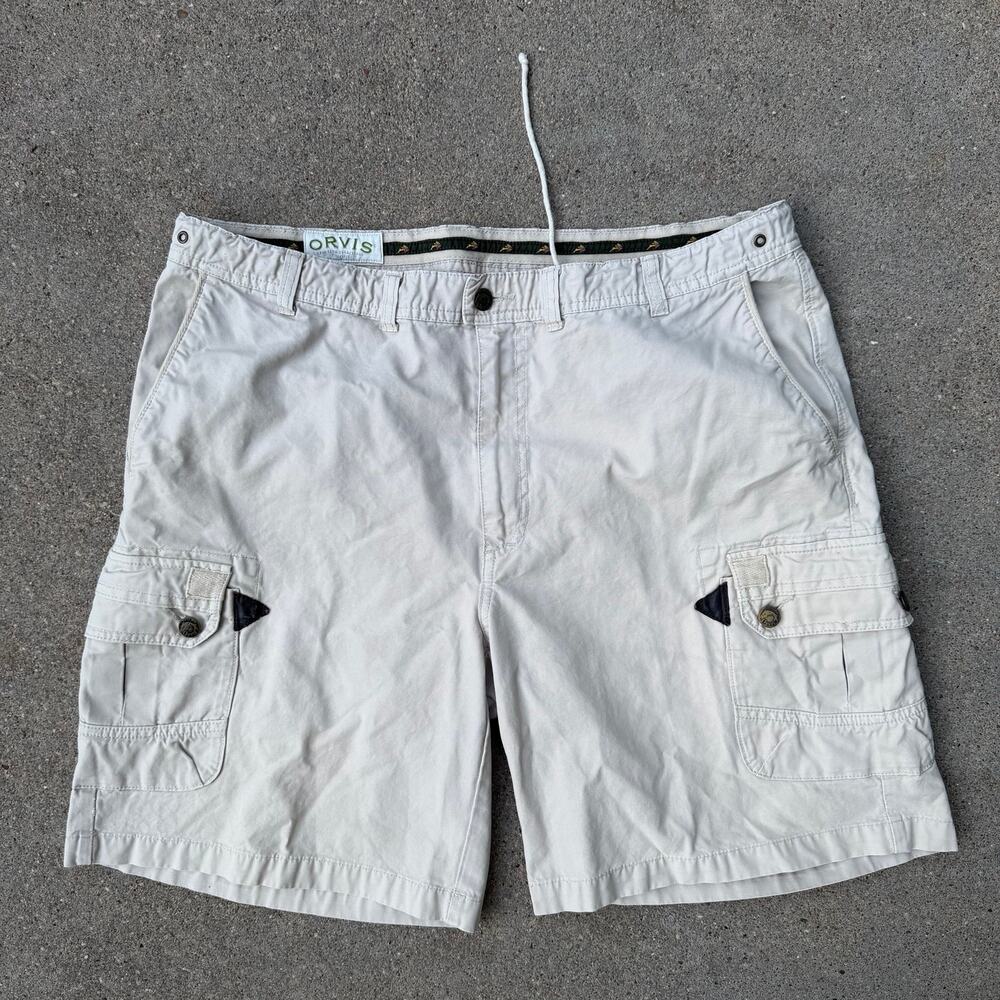 Orvis Y2K Gorpcore Cargo Shorts Canvas Cotton Utility Paratrooper Size 38 Beige
